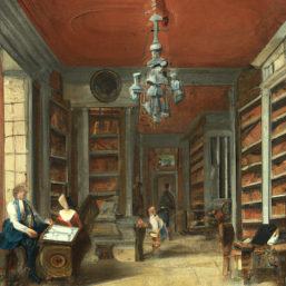 Représentation d'une bibliothèque dans une grande pièce d'un chateau au XIXème siècle. Un couple et des enfants sont présents.
