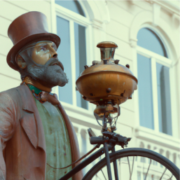 statue en bronze d'un homme barbu avec un costume trois pièce, derrière lui il y a une sorte de vélo-machine. A l'arrière plan on voit la façade d'un beau bâtiment en pierre calcaire.