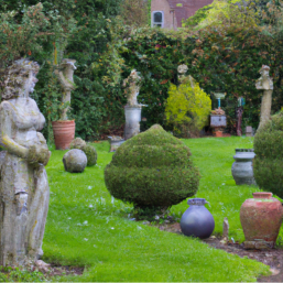 jardin avec statues et buissons taillés