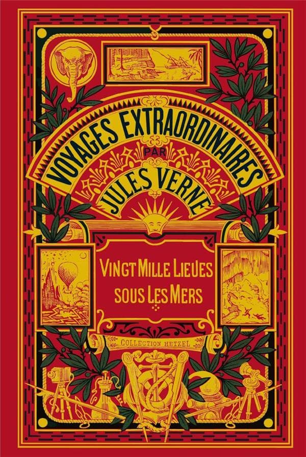 couverture d'un livre ancien rouge et doré, le titre du livre est : voyages extraordinaires de Jules Verne, Vingt mille lieux sous les mers.