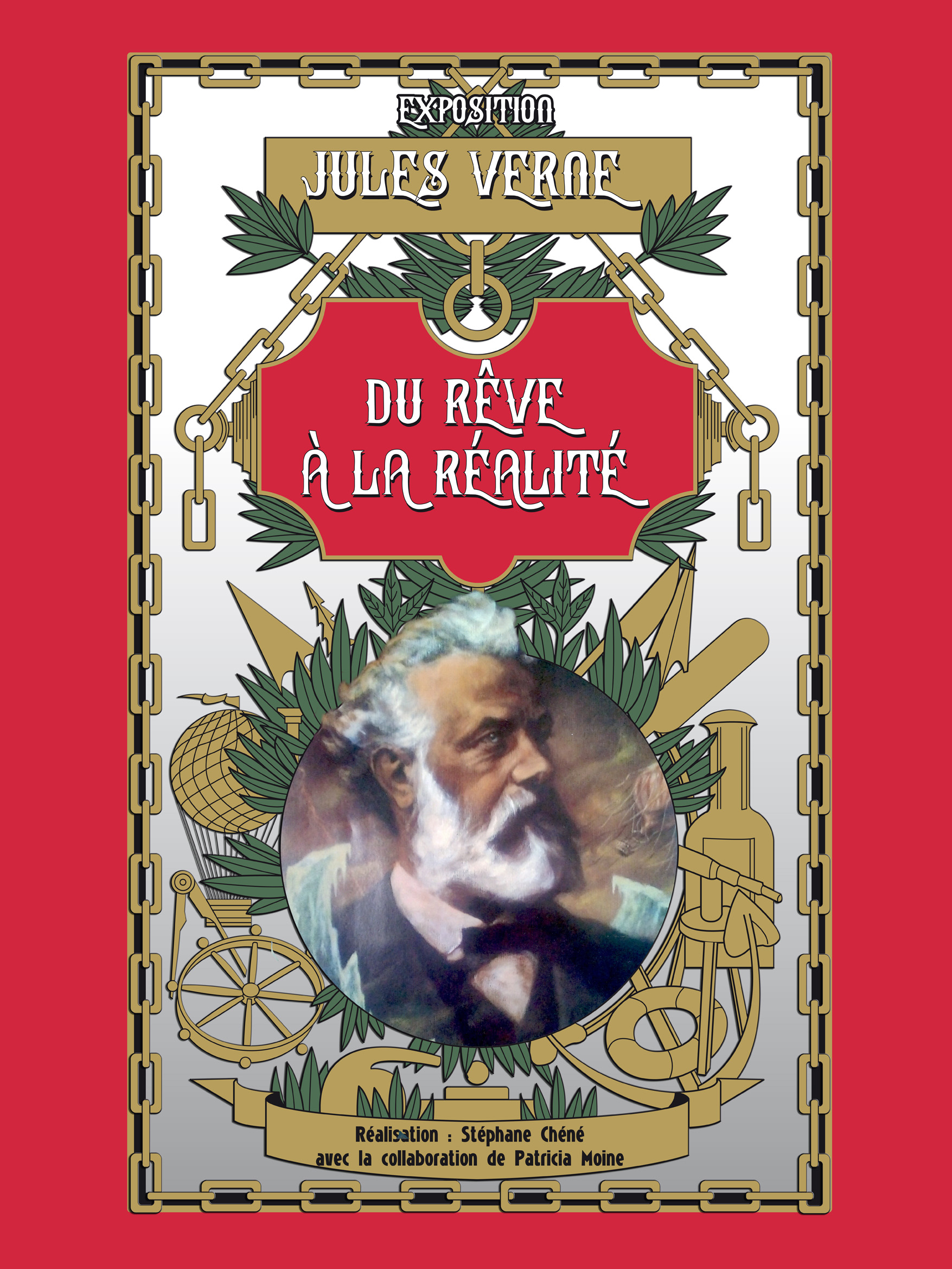 Affiche d'une pièce de théâtre. On y voit le titre et une illustration du portrait de Jules Verne