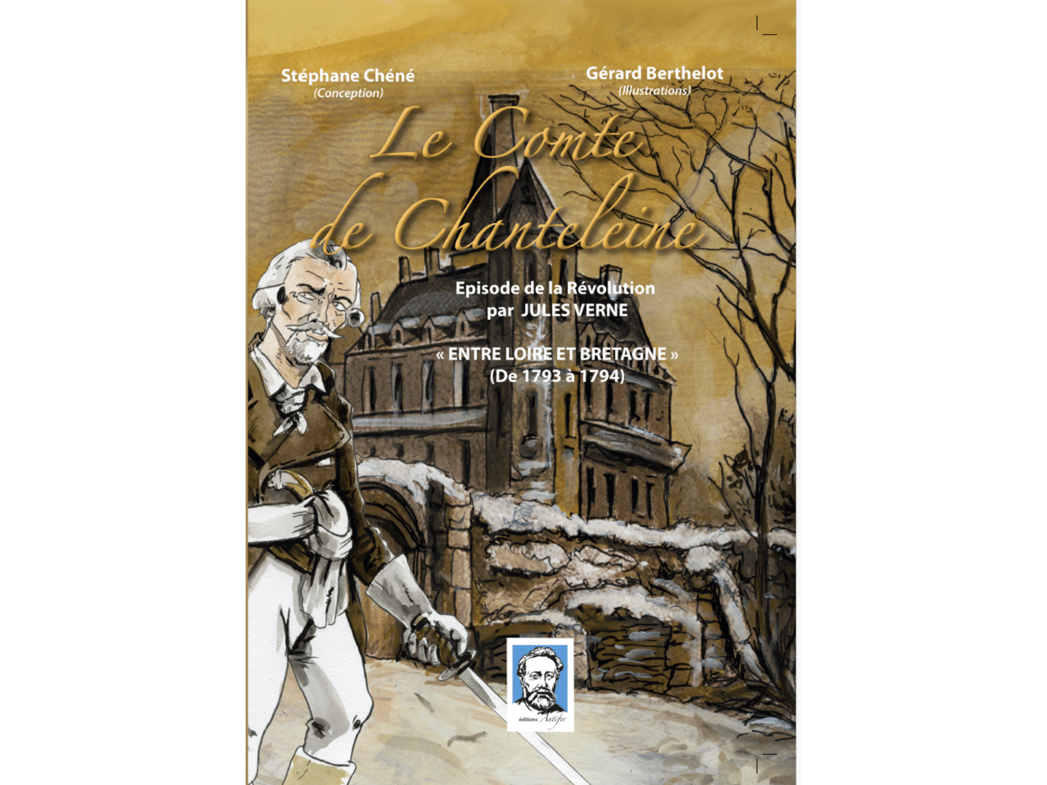 couverture de livre ou l'on voit un homme de la fin du XVIIIe siècle avec une épée à la main et devant un manoir en hiver.