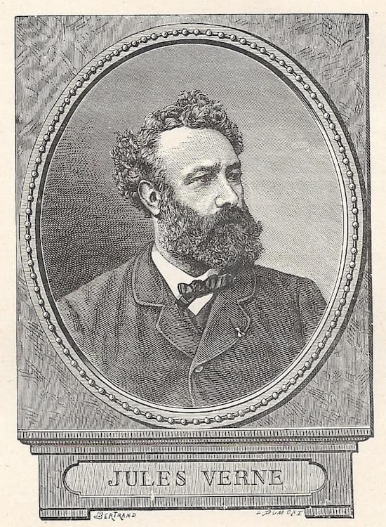 Portrait dans un médaillon au crayon d'un homme barbu en costume trois pièces et nœud papillon. Il est noté "Jules Verne" sous le médaillon.